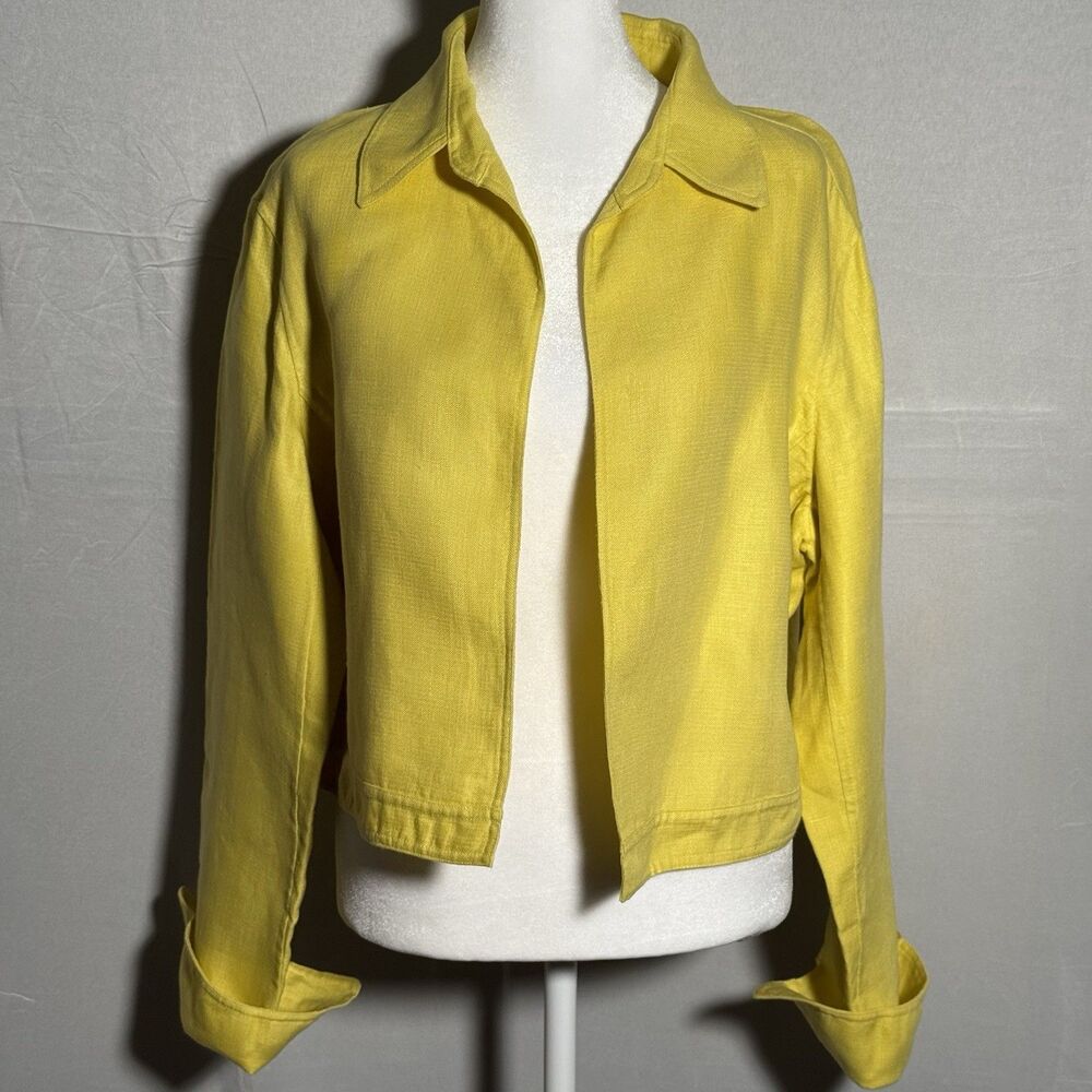 Ellen Tracy 100% Linen Jacket Yellow Open Front Lightweight Size 14